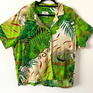 Vintage Jams World Sz XXL Womens Green Hawaiian Tropical Island Print Shirt Camp
